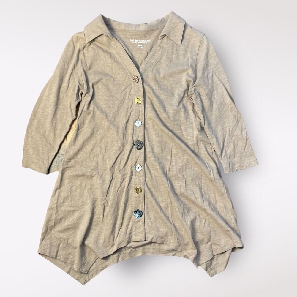 Soft Surroundings Lagenlook Brown Danielle Button 3/4 Sleeve Top Size XS